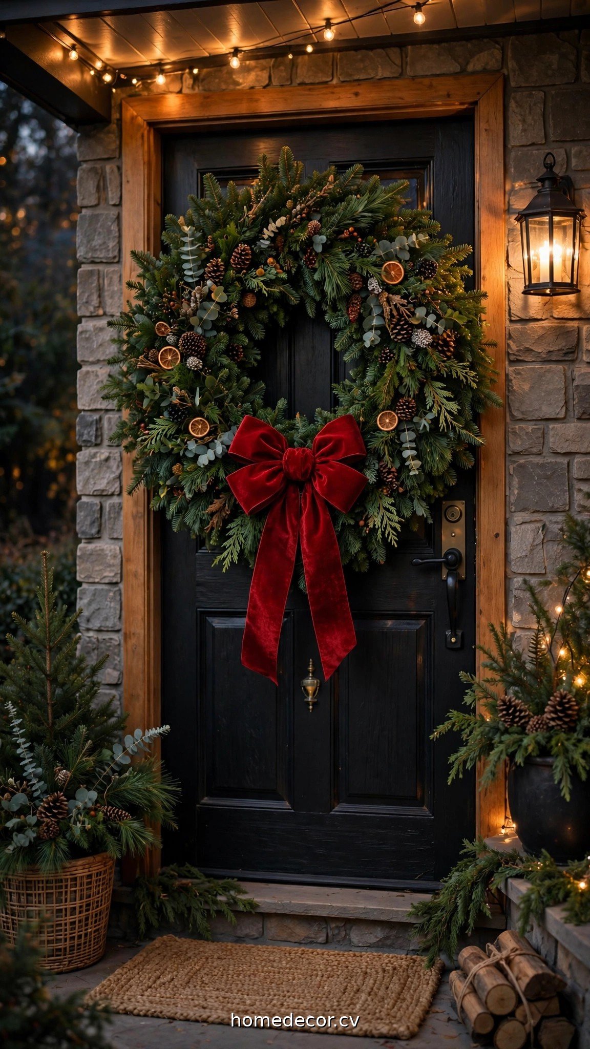 Festive front door with an oversized evergreen Christmas wreath, red bow and warm porch glow
