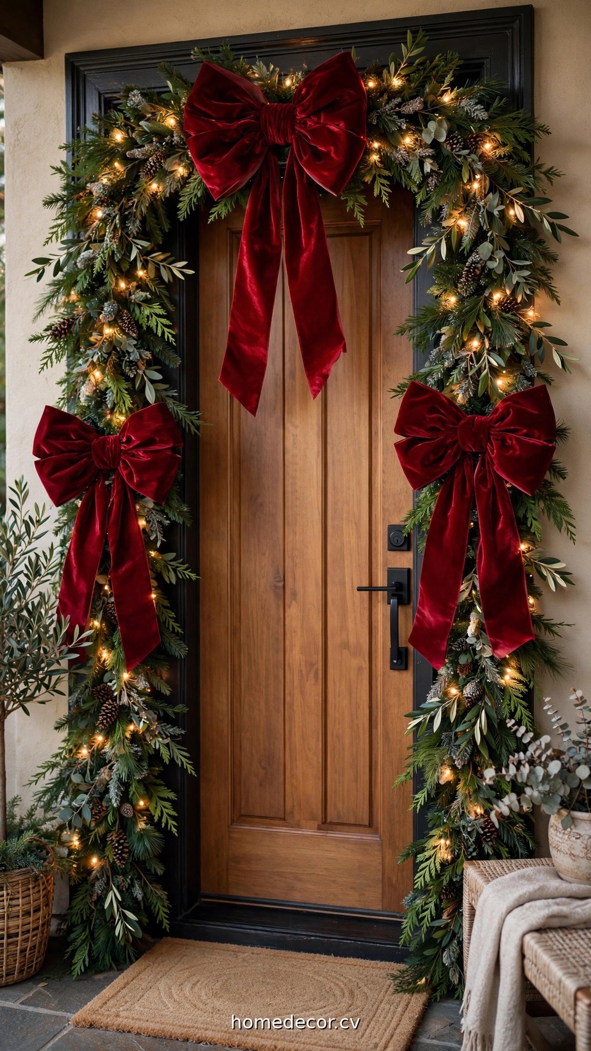 Christmas door frame wrapped in pre-lit garland with oversized velvet bows