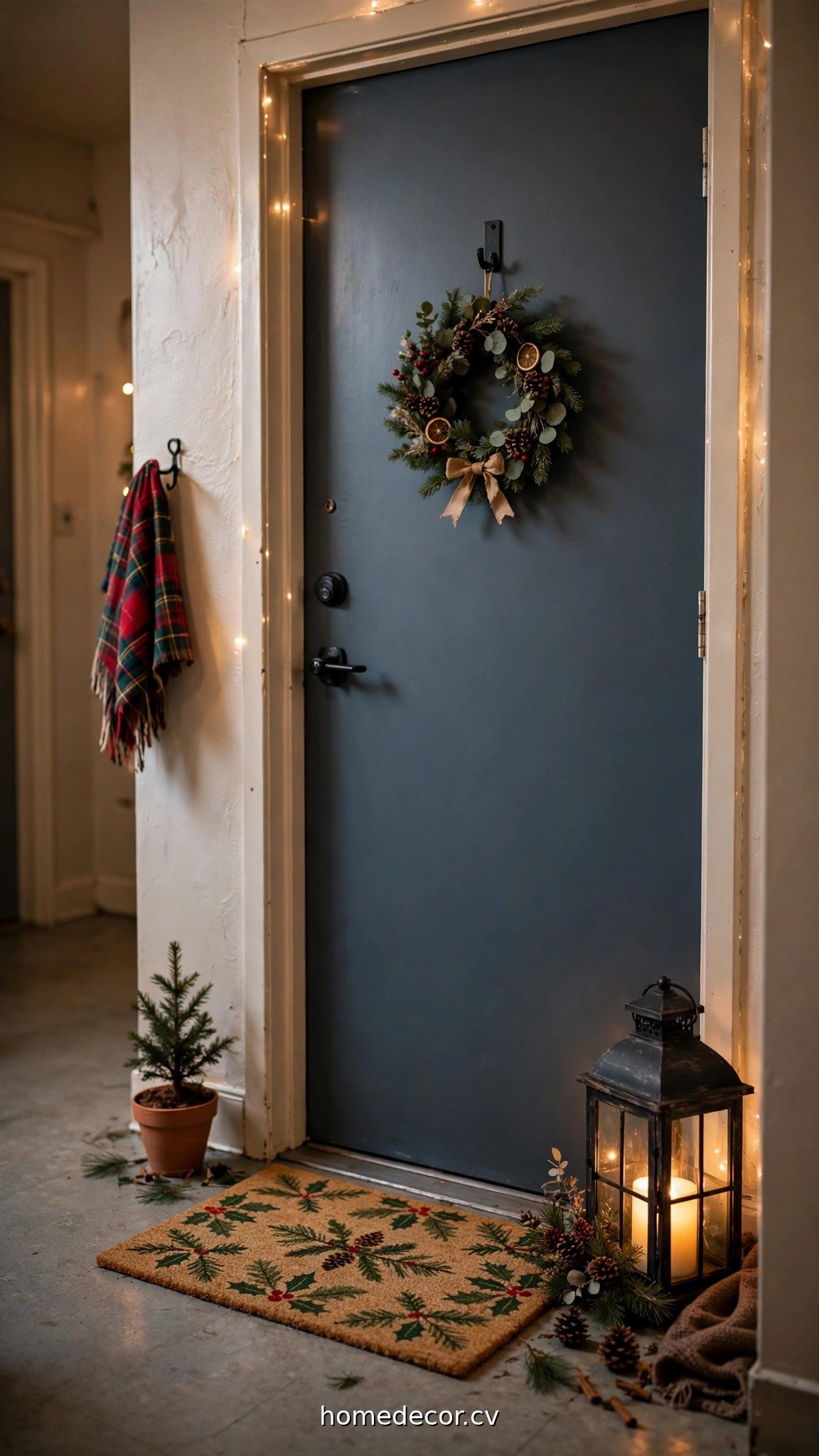 Cozy apartment door decorated for Christmas with mini wreath, lantern and festive doormat