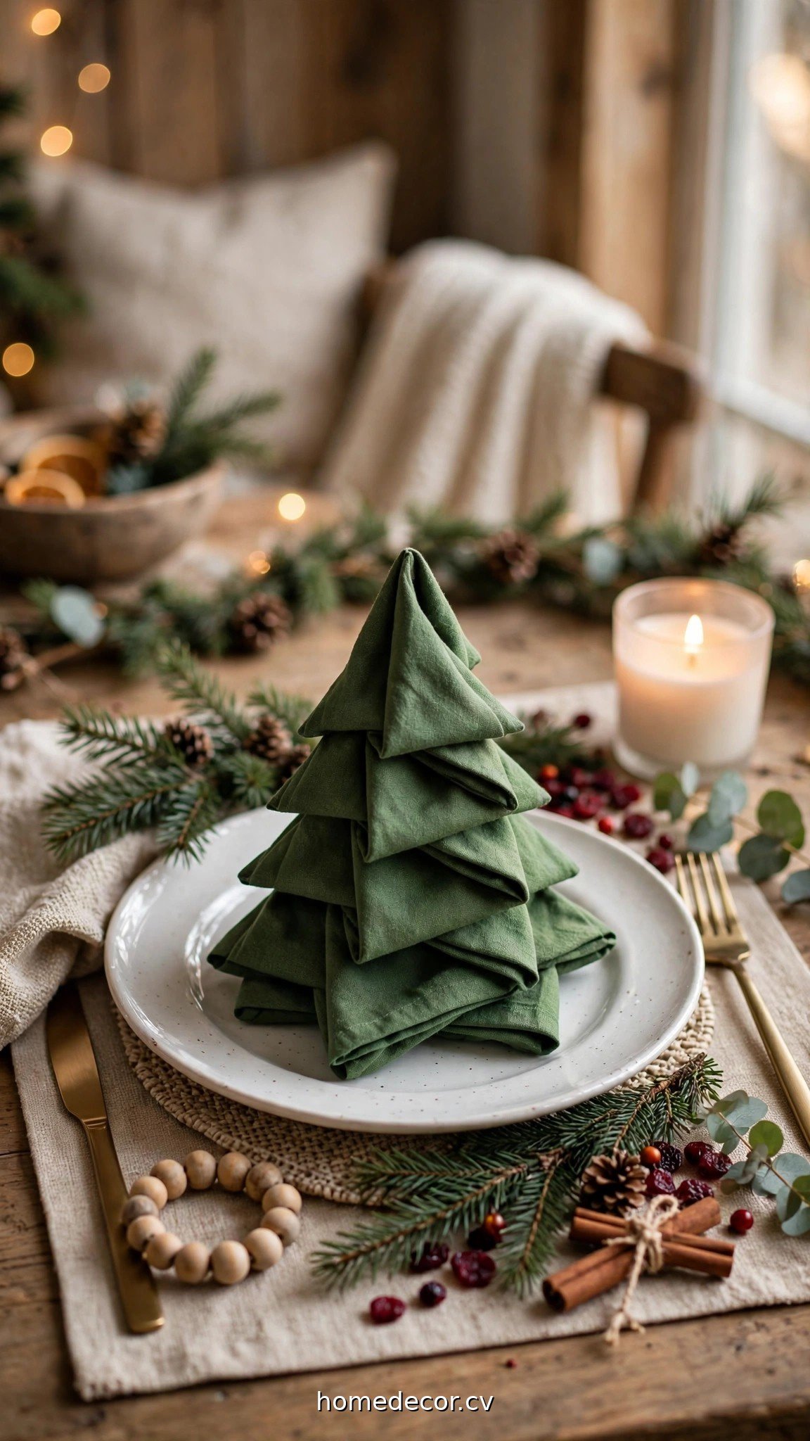 Cloth napkin folded into a Christmas tree shape on a festive holiday place setting