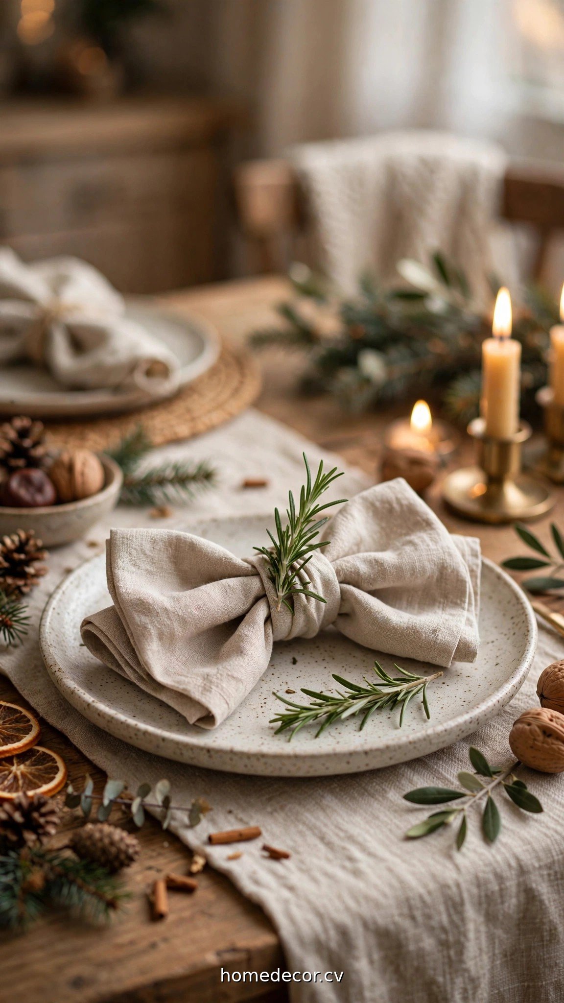Elegant napkin bow fold with rosemary sprig on a Christmas dinner table