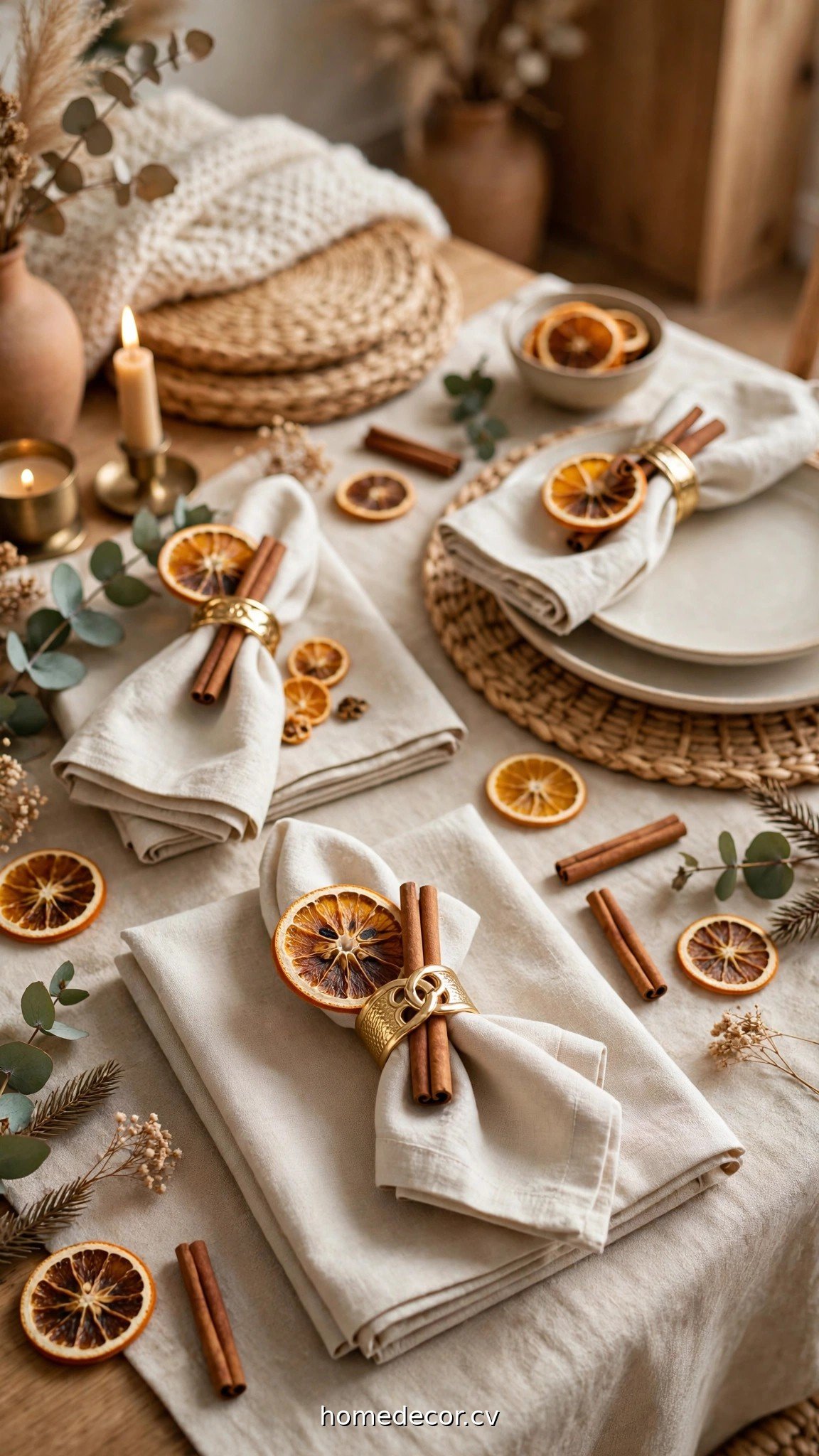 Napkins with gold rings, dried orange slices and cinnamon sticks as holiday table accents