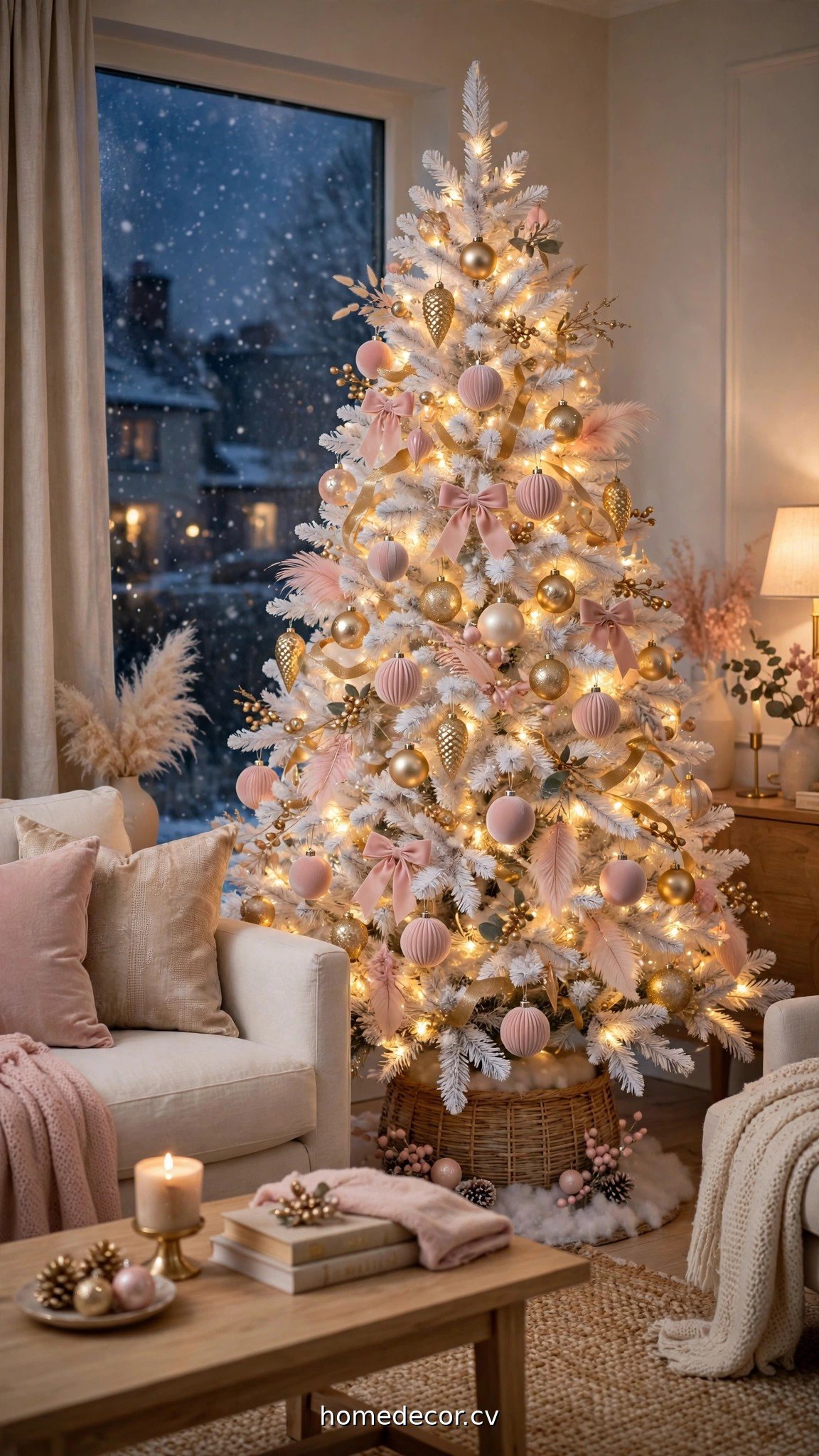 White Christmas tree decorated in blush pink and champagne gold ornaments with warm lights