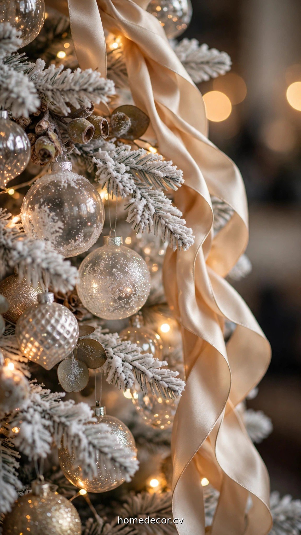 Close-up of white Christmas tree with cascading ribbon, layered ornaments and glowing lights