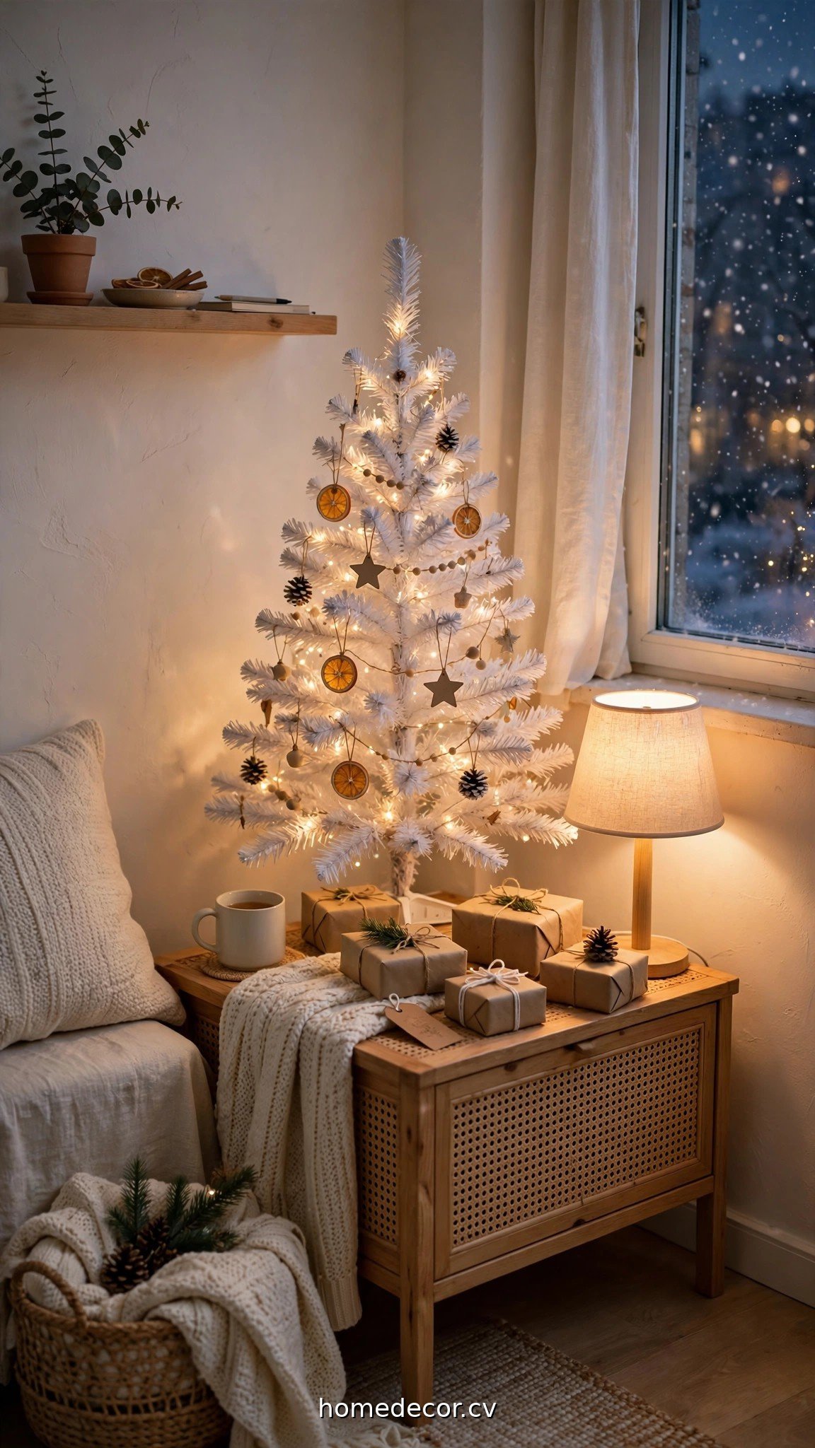Small white Christmas tree on a table in a cozy apartment corner with presents