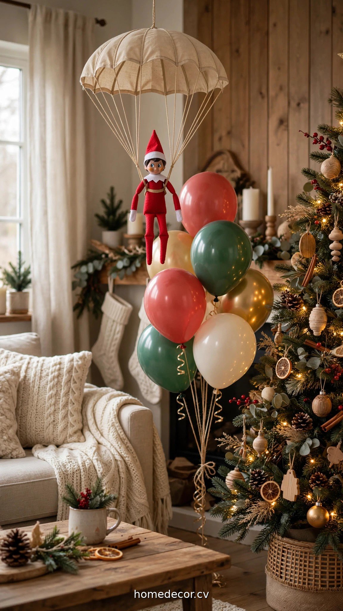 Elf on the shelf doll arriving by mini parachute with balloons near a Christmas tree
