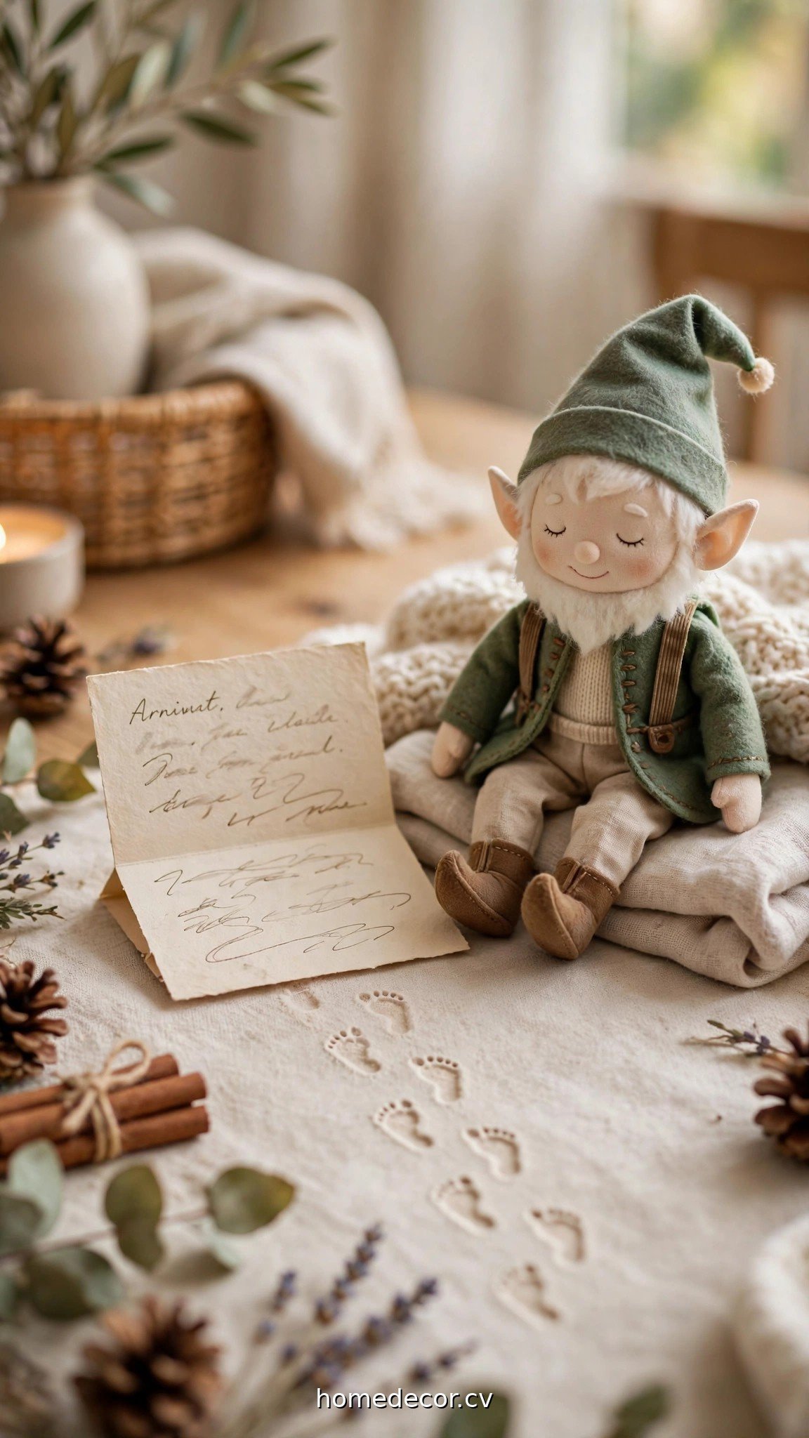 Elf doll sitting with a handwritten arrival letter and tiny footprints leading to it