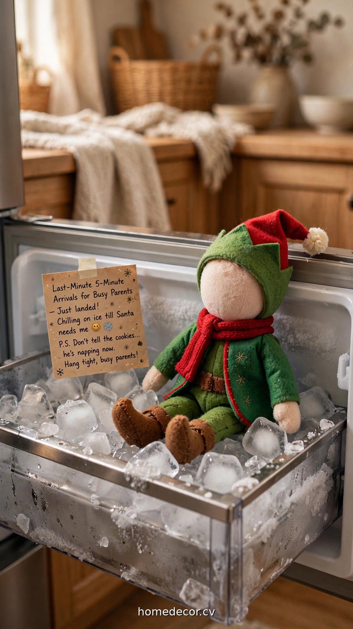 Elf doll sitting in an open freezer next to ice cubes with a funny note