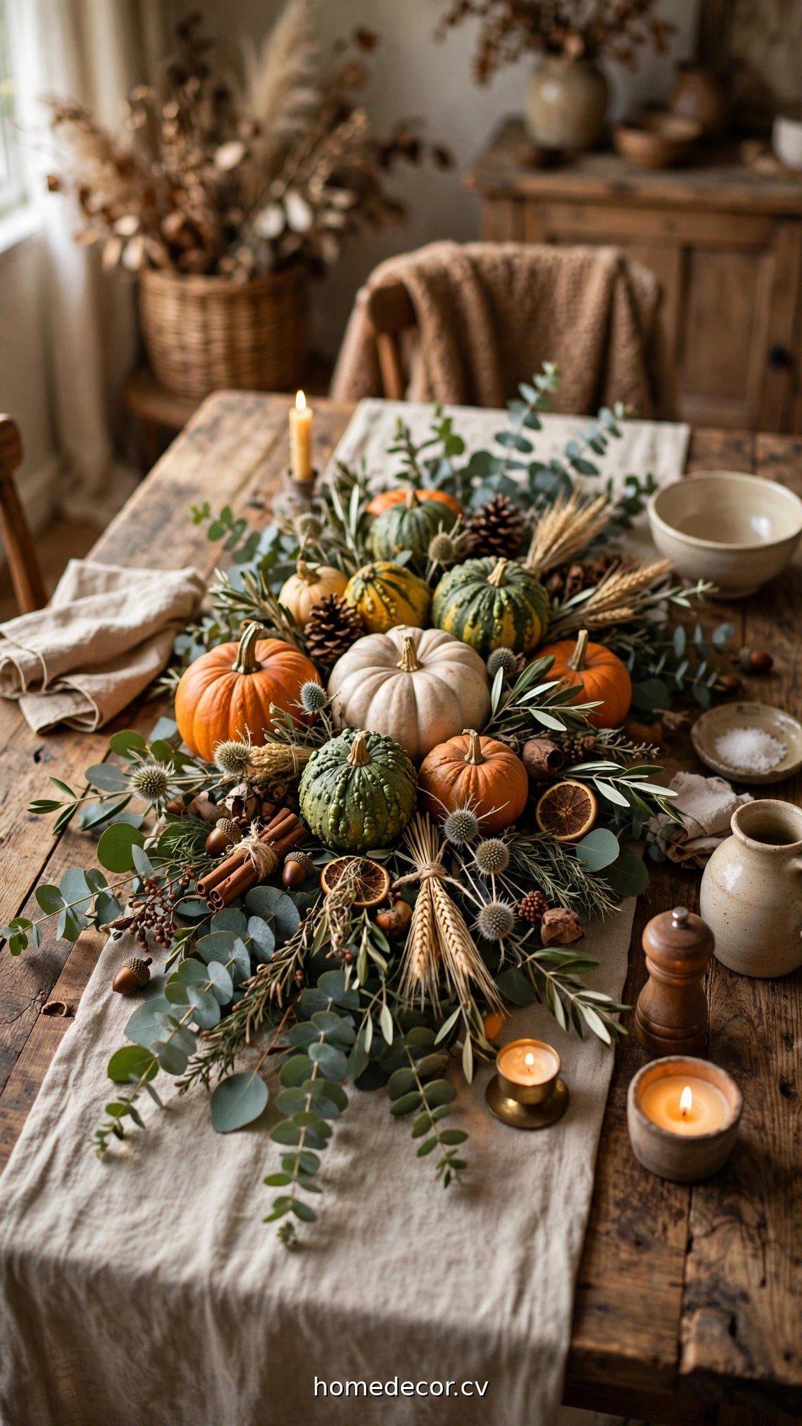 Rustic Thanksgiving table with pumpkins, gourds and eucalyptus harvest centerpiece