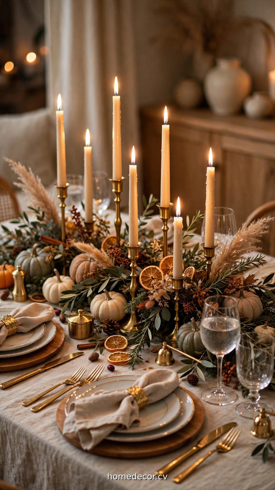 Elegant Thanksgiving table with glowing taper candles and gold accents