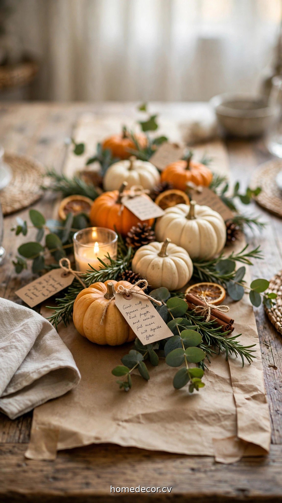Budget Thanksgiving centerpiece with kraft paper runner, mini pumpkins and handwritten notes