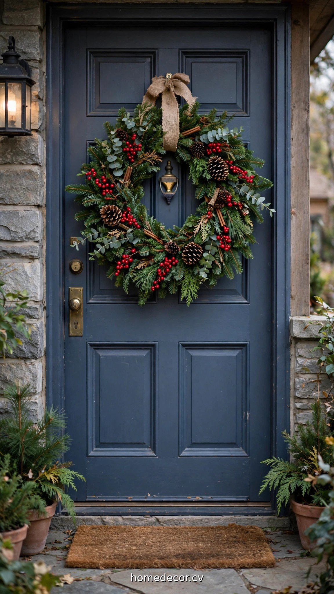 Classic evergreen Christmas wreath with red berries and pinecones on a front door