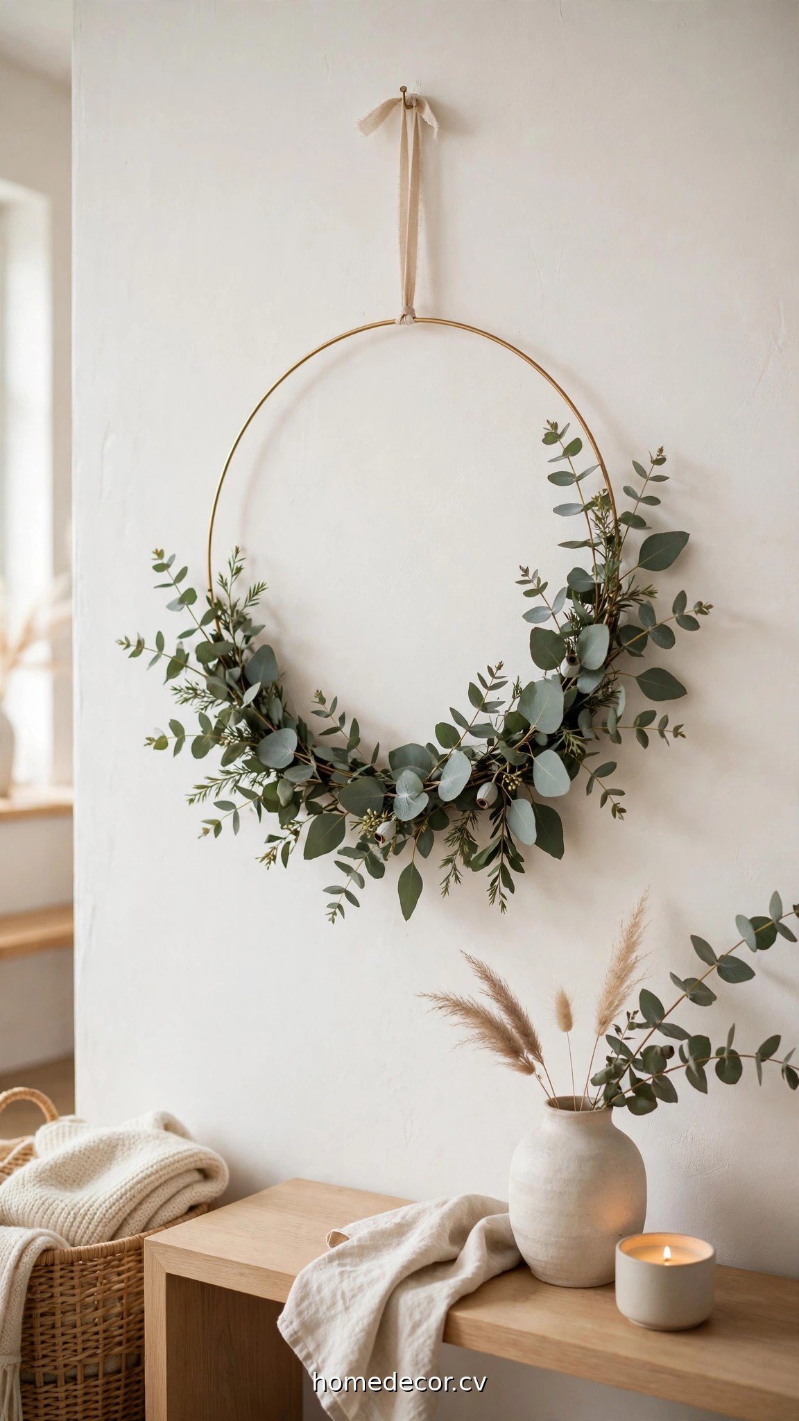 Modern minimalist Christmas hoop wreath with eucalyptus on a white wall