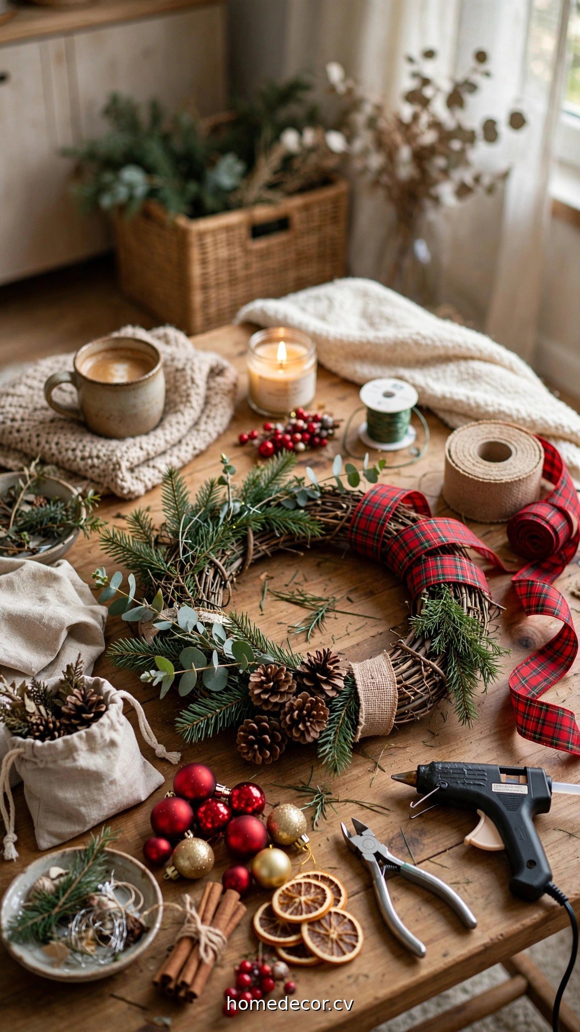 Handmade DIY Christmas wreath with ornaments and ribbon being crafted on a table