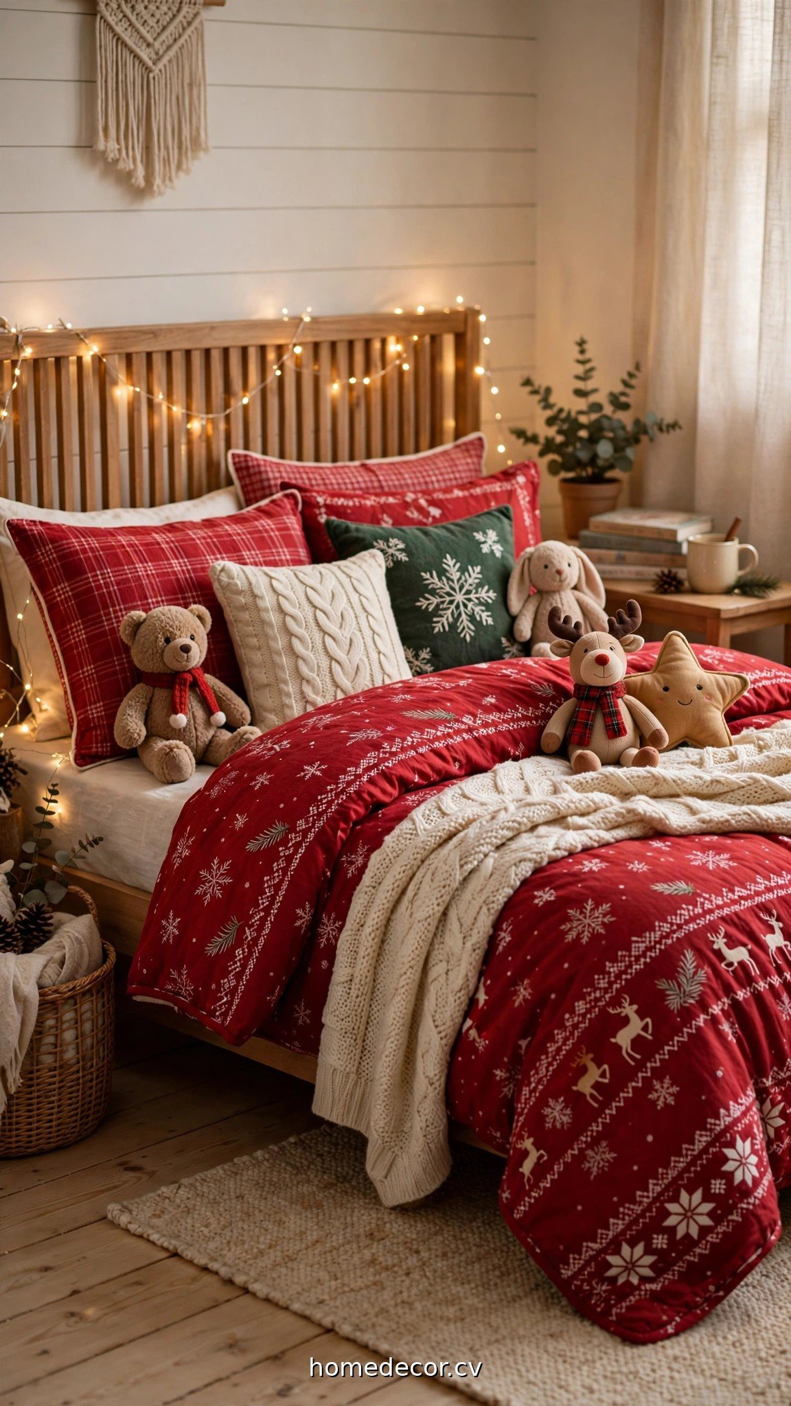 Child's bed with festive red Christmas bedding, fairy lights and plush toys
