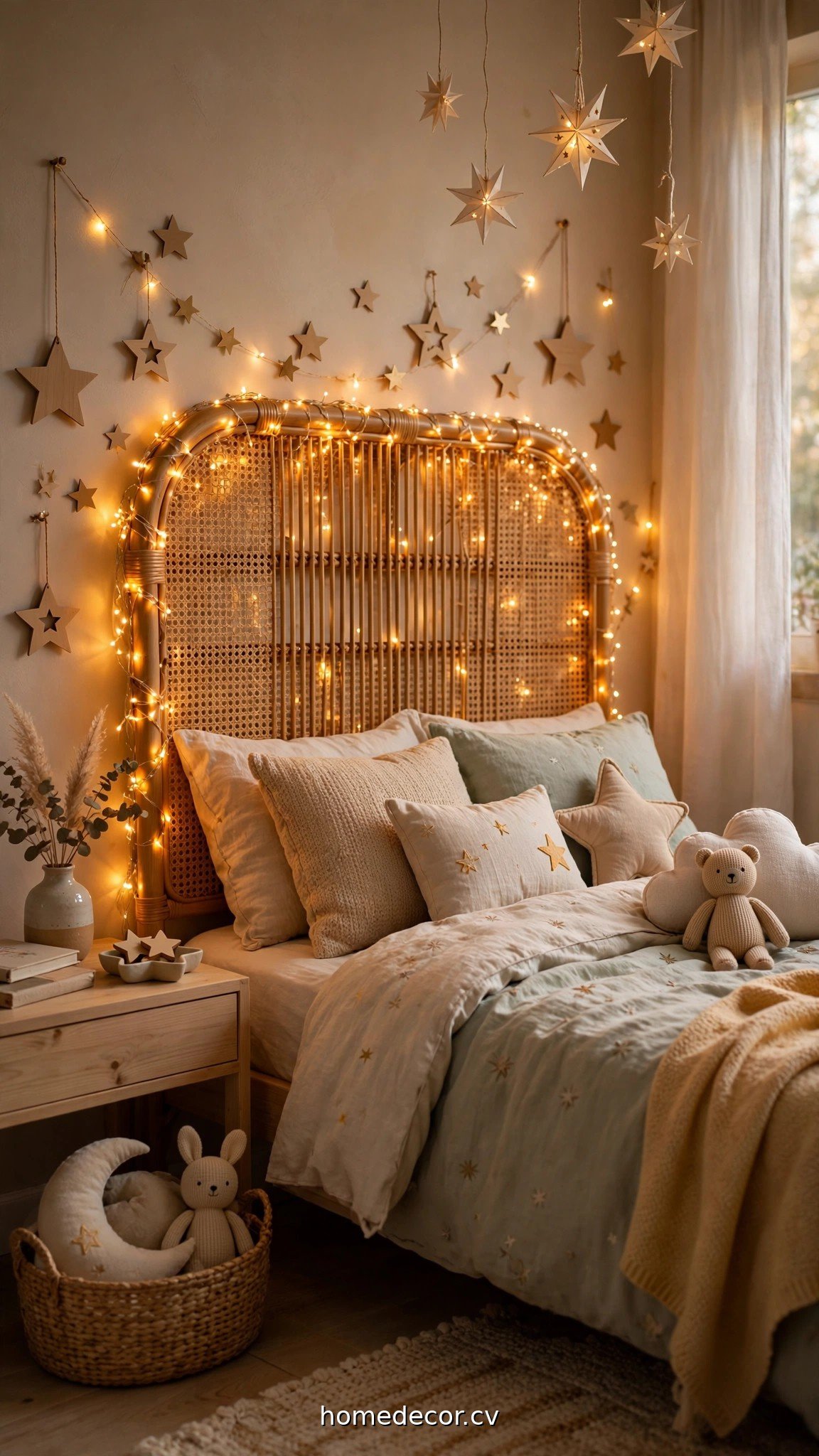 Kids bedroom headboard wrapped in warm fairy lights with star decorations