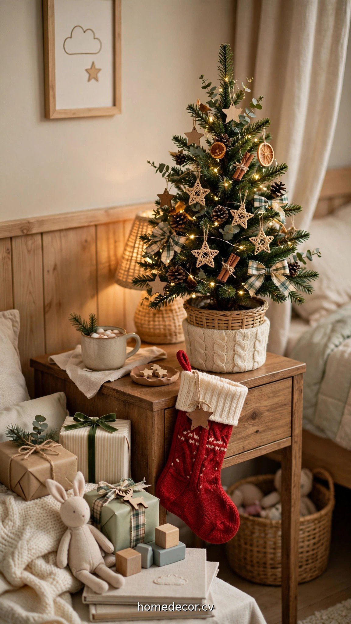 Small decorated Christmas tree on a child's nightstand with stocking and gifts