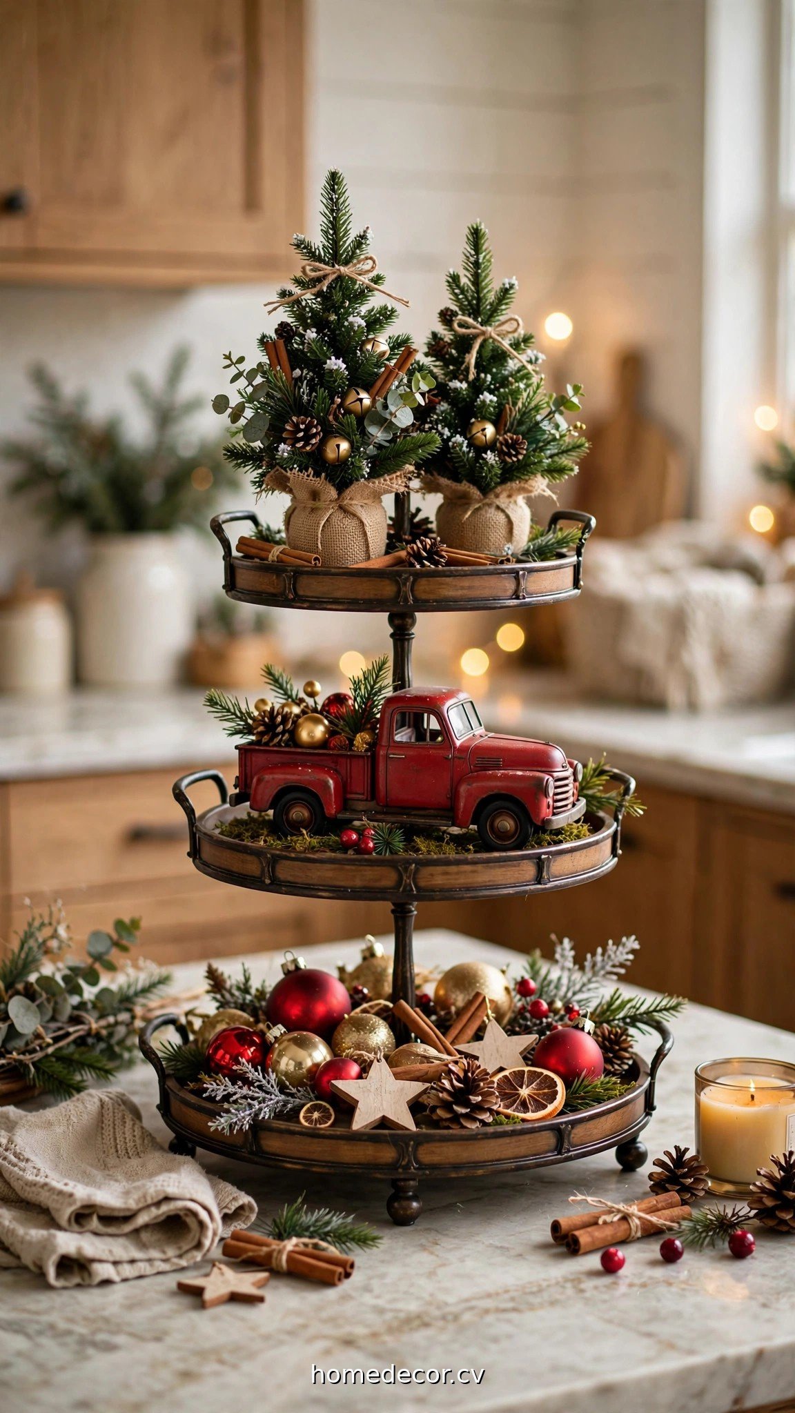 Three-tiered tray styled with mini Christmas trees, red truck and ornaments