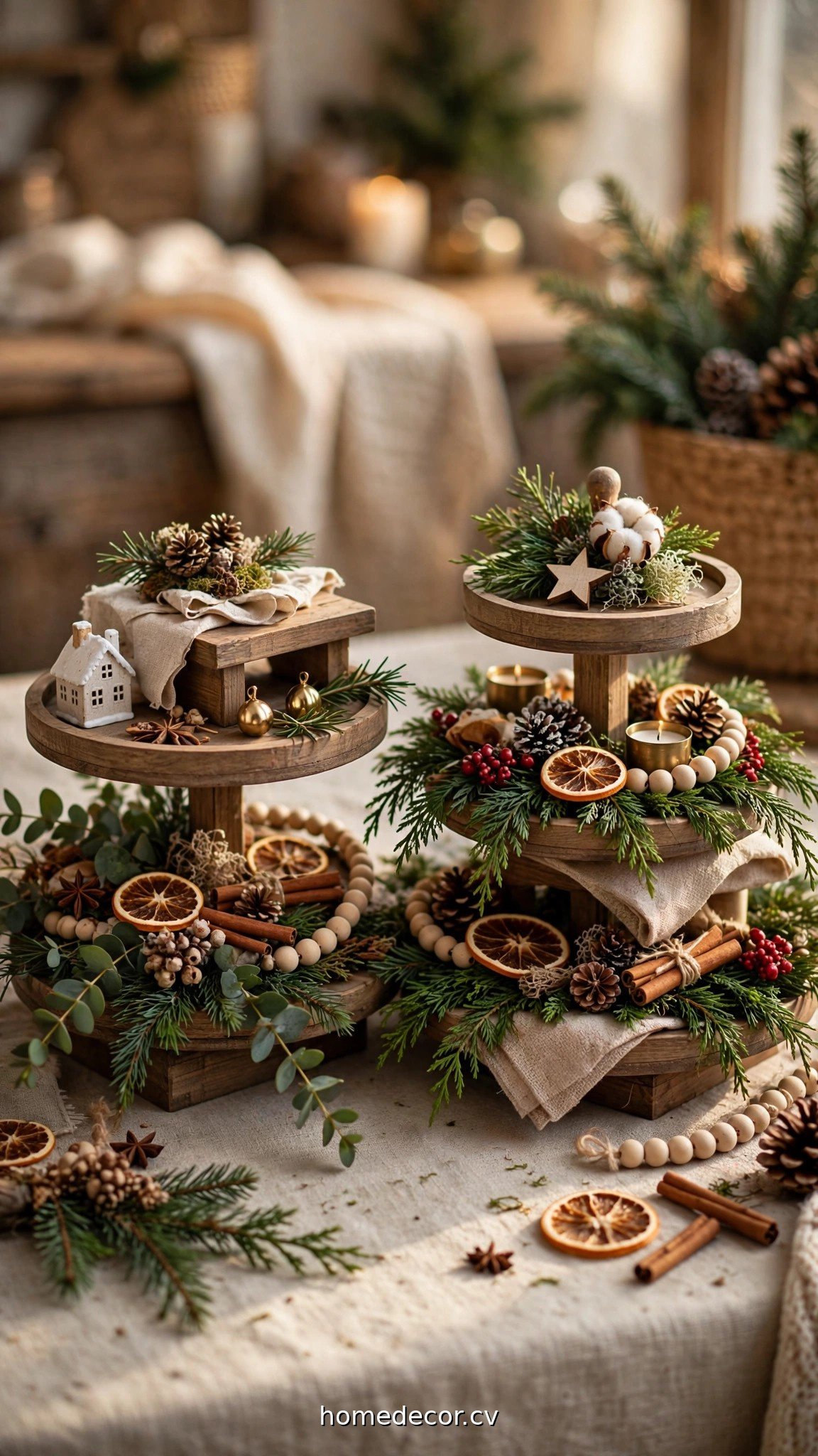 Close-up of styled Christmas tiered tray showing layering with greenery and risers