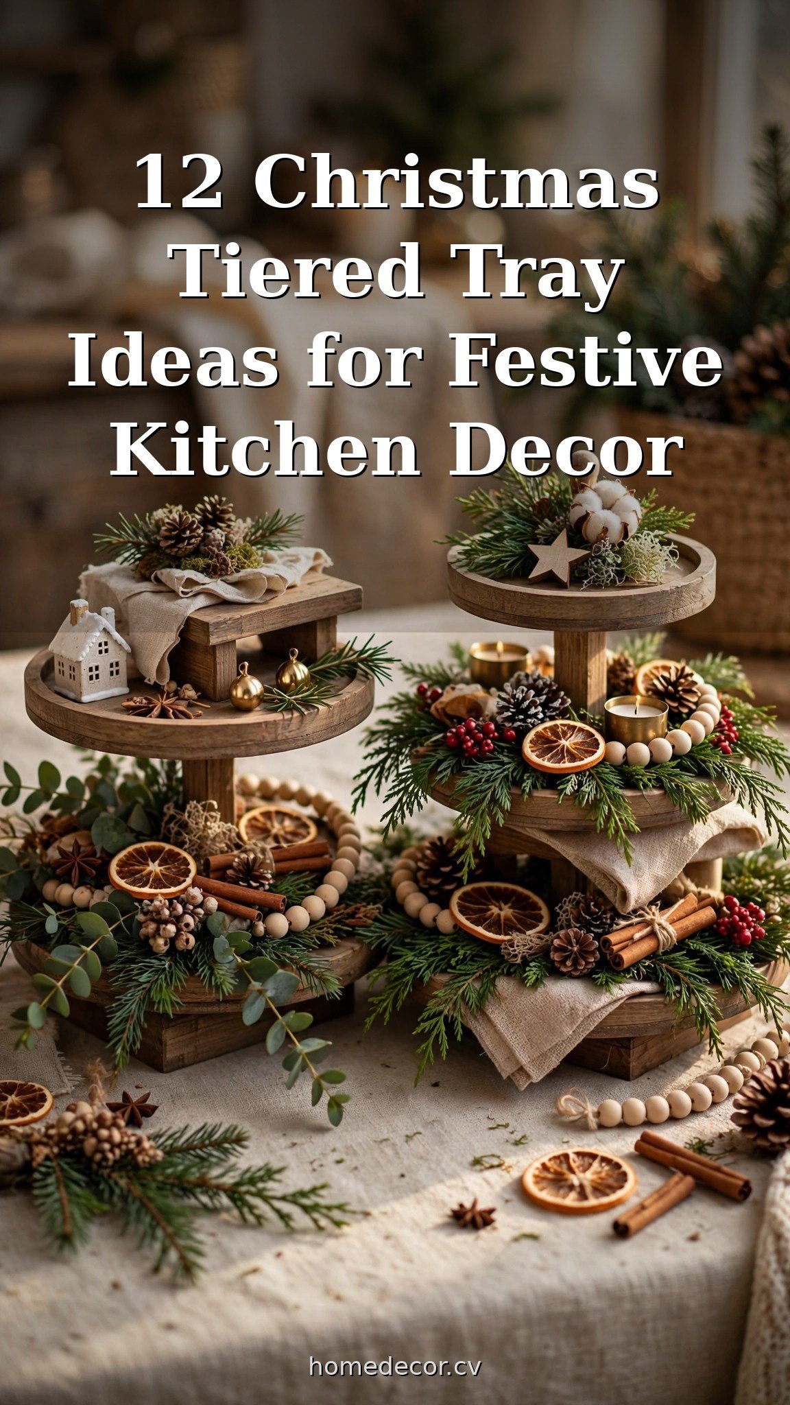 Pinterest pin: 12 Christmas Tiered Tray Ideas for Festive Kitchen Decor