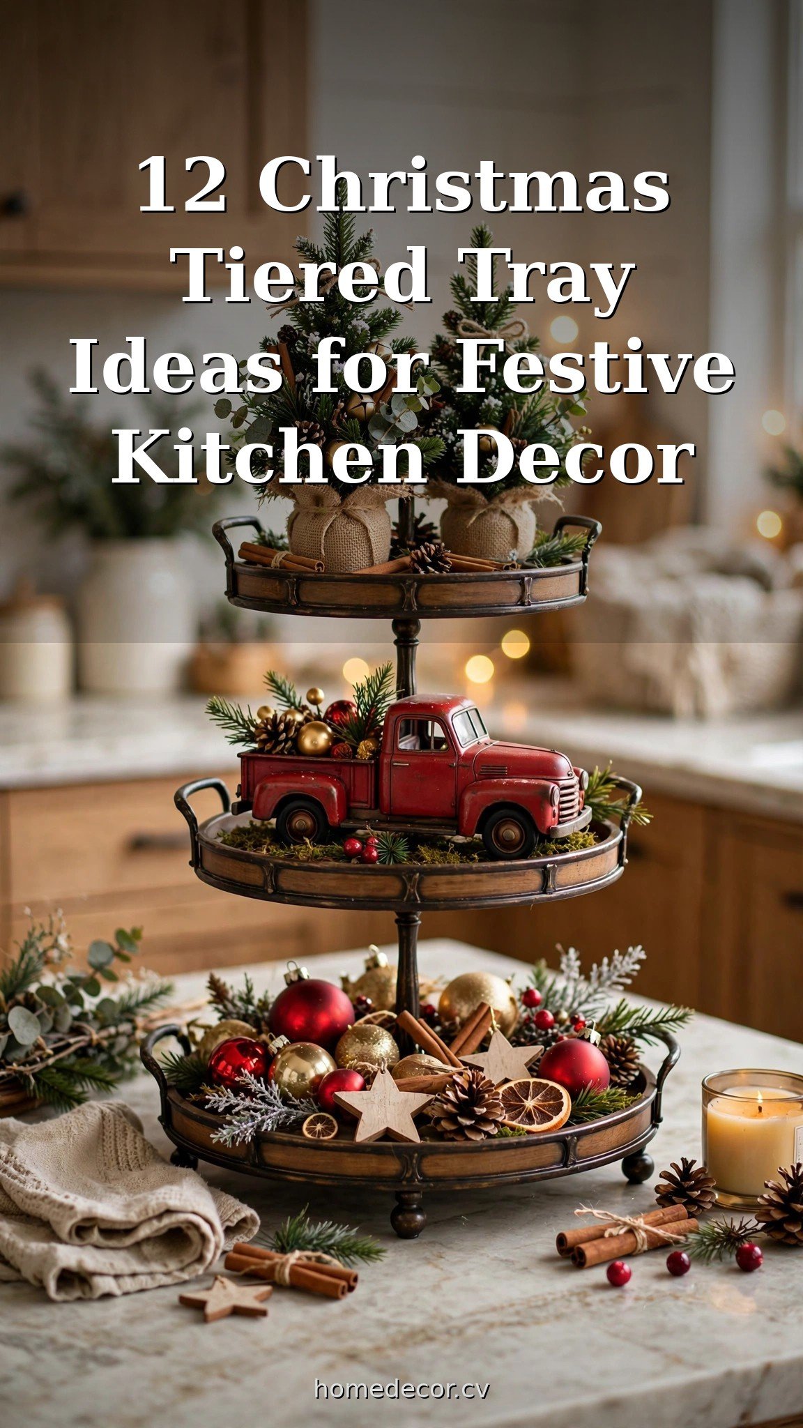 Pinterest pin: 12 Christmas Tiered Tray Ideas for Festive Kitchen Decor