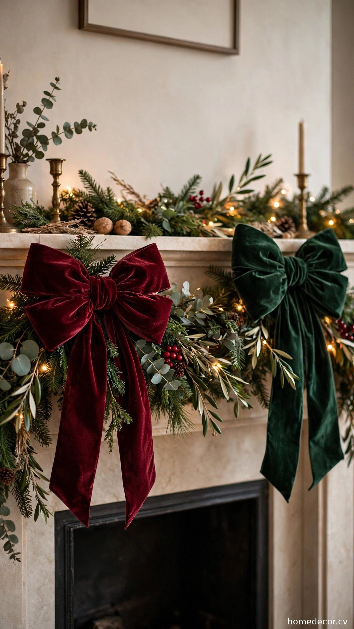 Tie Oversized Velvet Bows Along the Garland