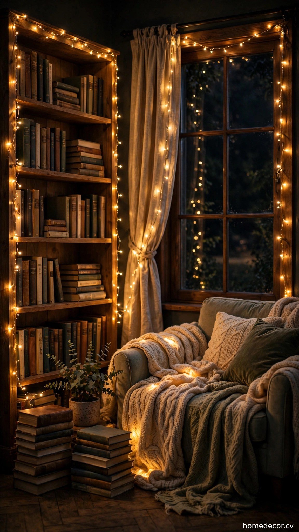 Warm String Lights - cozy reading nook idea