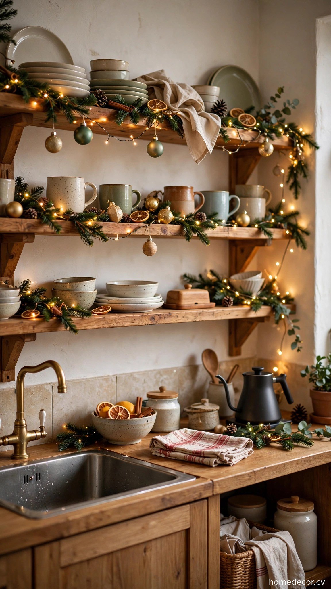 Dress Open Shelves with Mini Garland and Ornaments