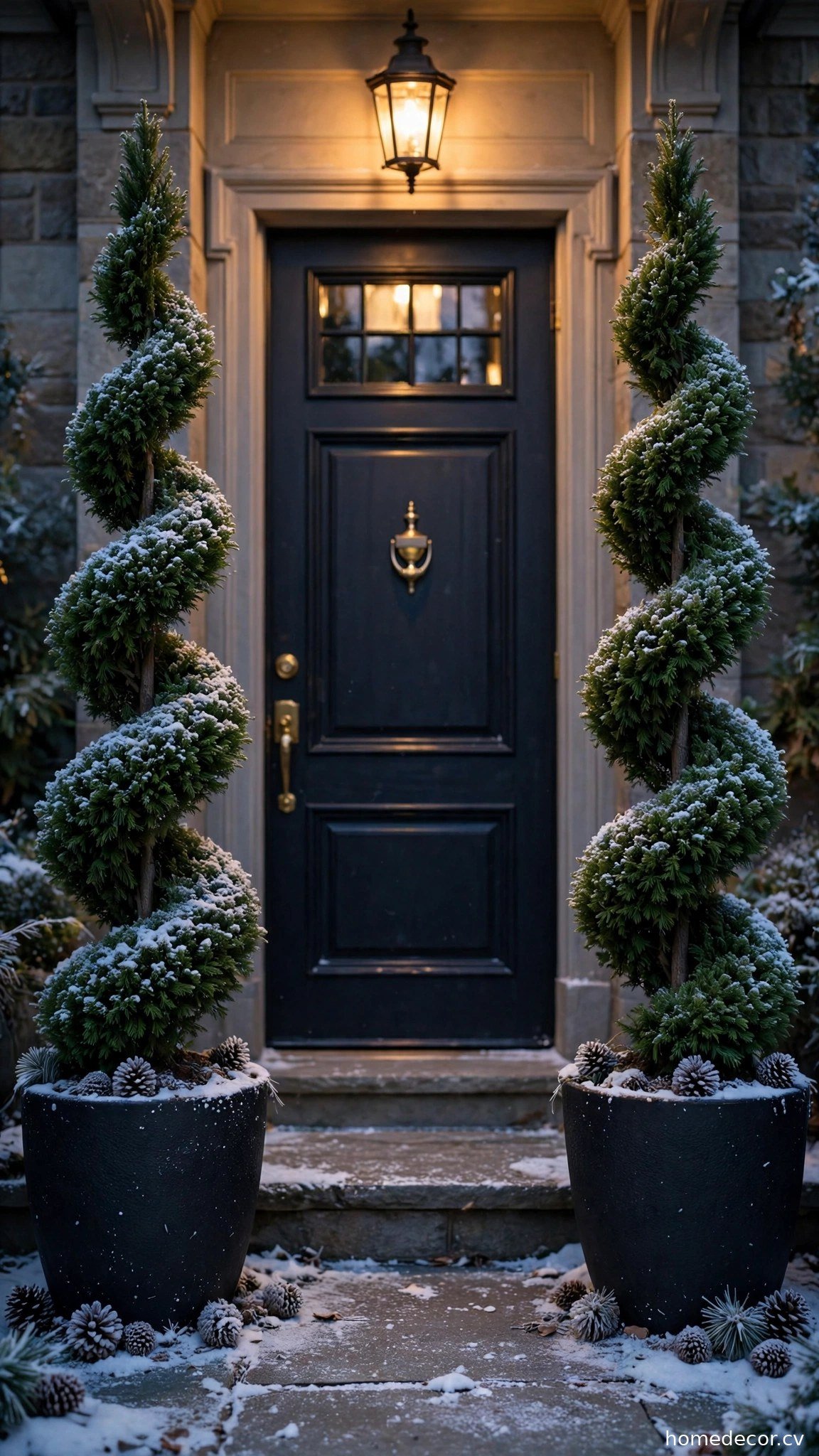 Flanking Winter Topiaries - winter front door decor idea