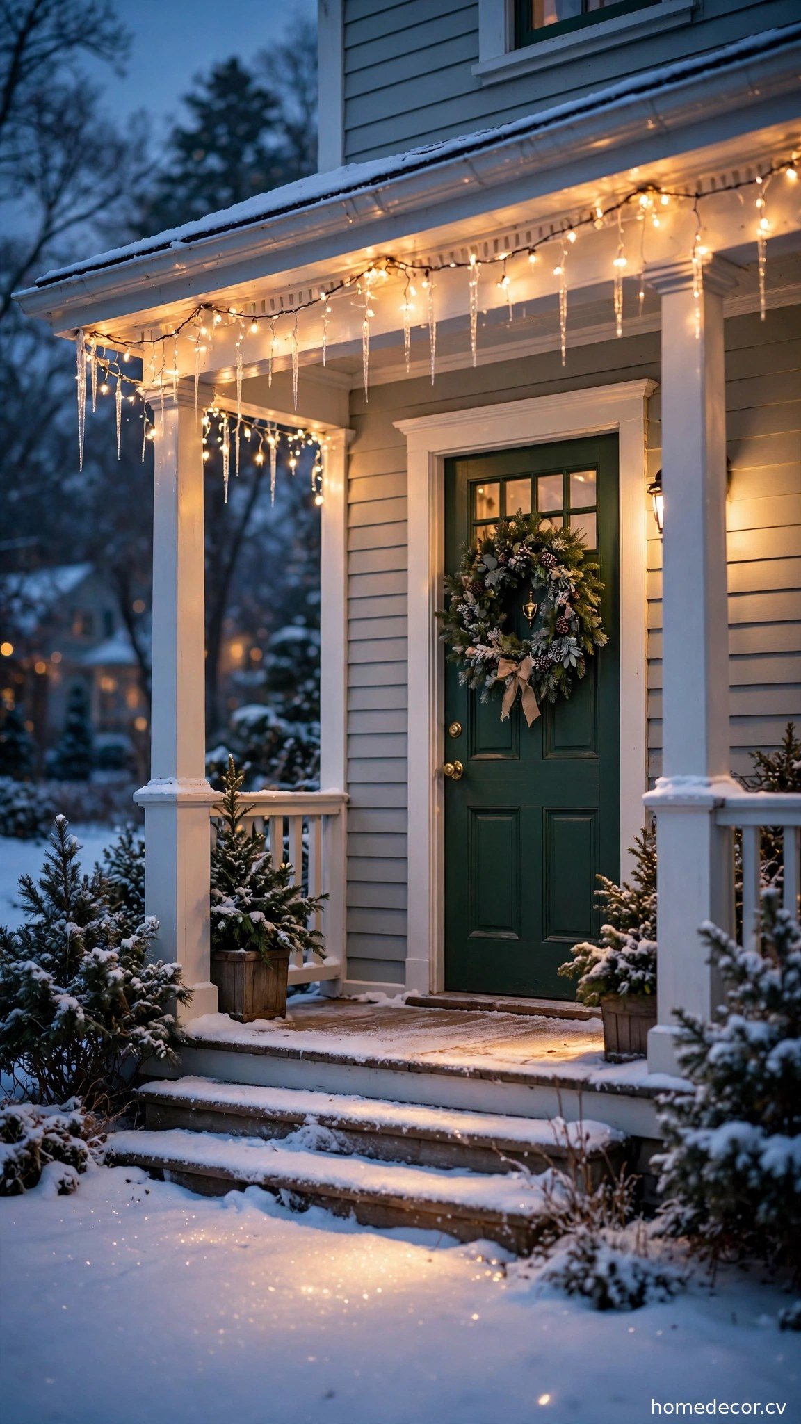 Icicle Lights Along the Roofline - winter front door decor idea