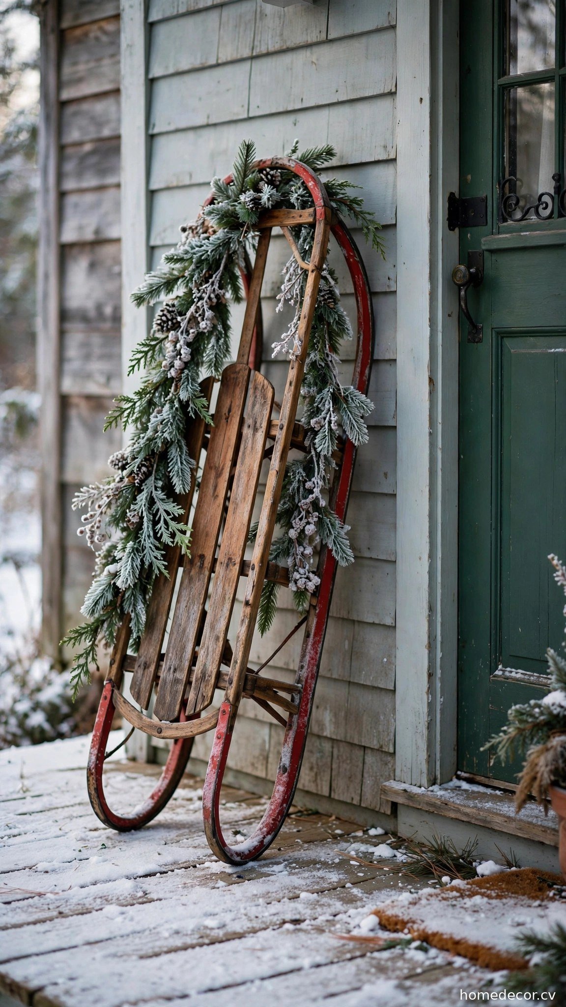 Vintage Sled Porch Decor - winter front door decor idea