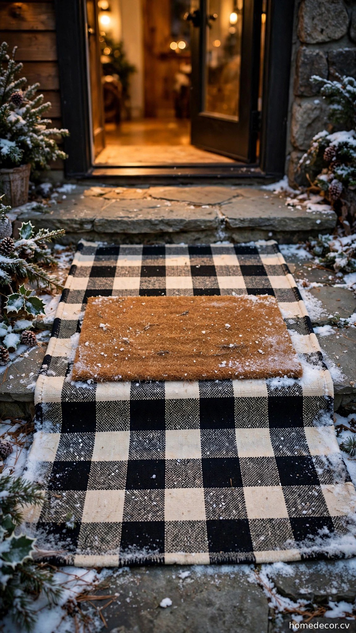 Plaid Doormat Layering - winter front door decor idea