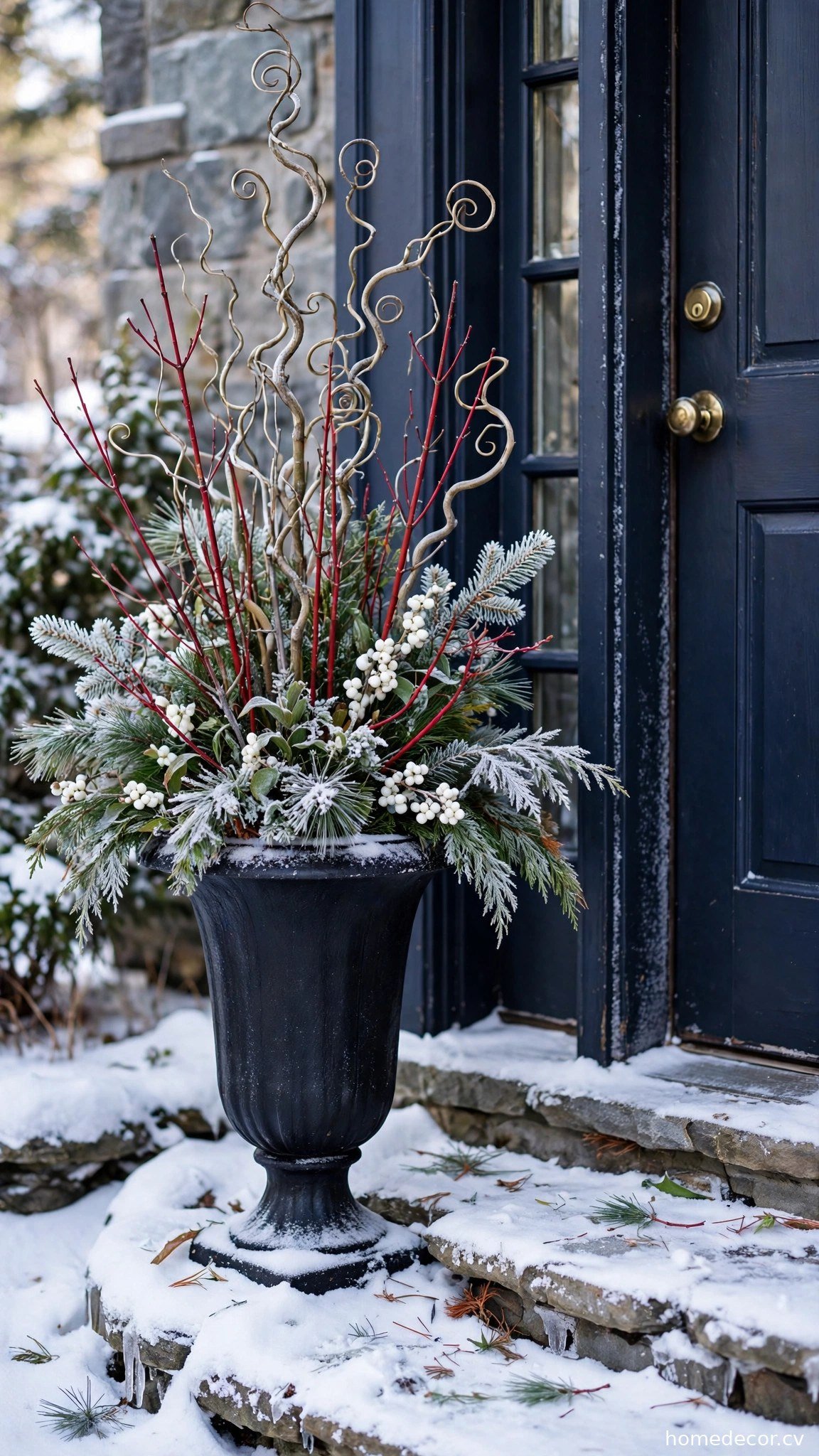 Winter Planter With Branches - winter front door decor idea