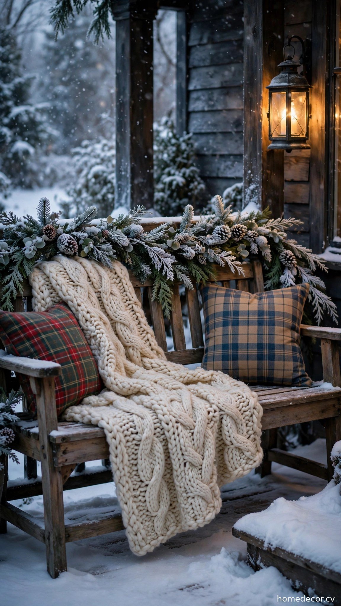 Cozy Bench Throw - winter front door decor idea