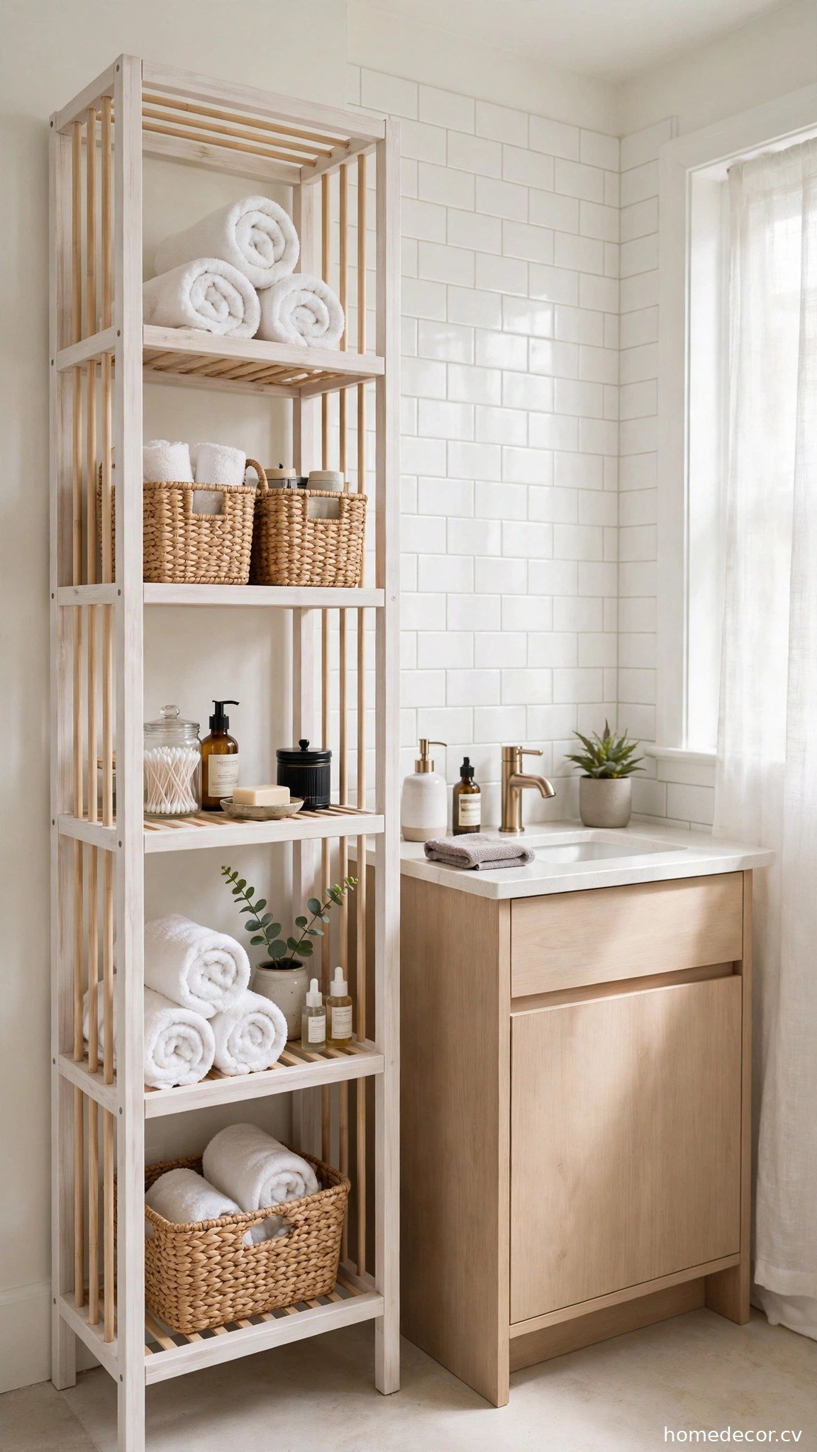 Freestanding Storage Tower Beside the Vanity - renter friendly bathroom idea