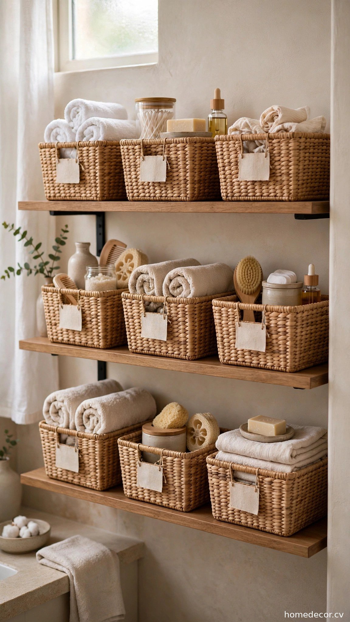 Labeled Basket System for Open Shelves - renter friendly bathroom idea