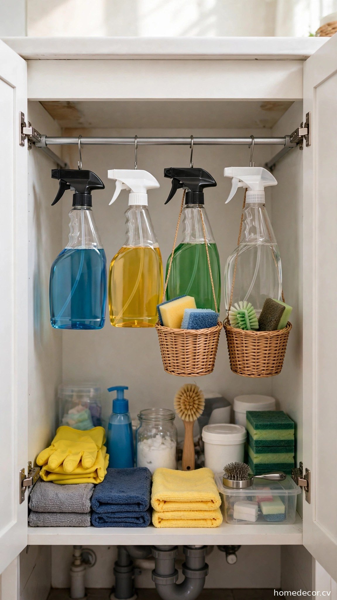 Tension Rod Under the Sink - renter friendly bathroom idea