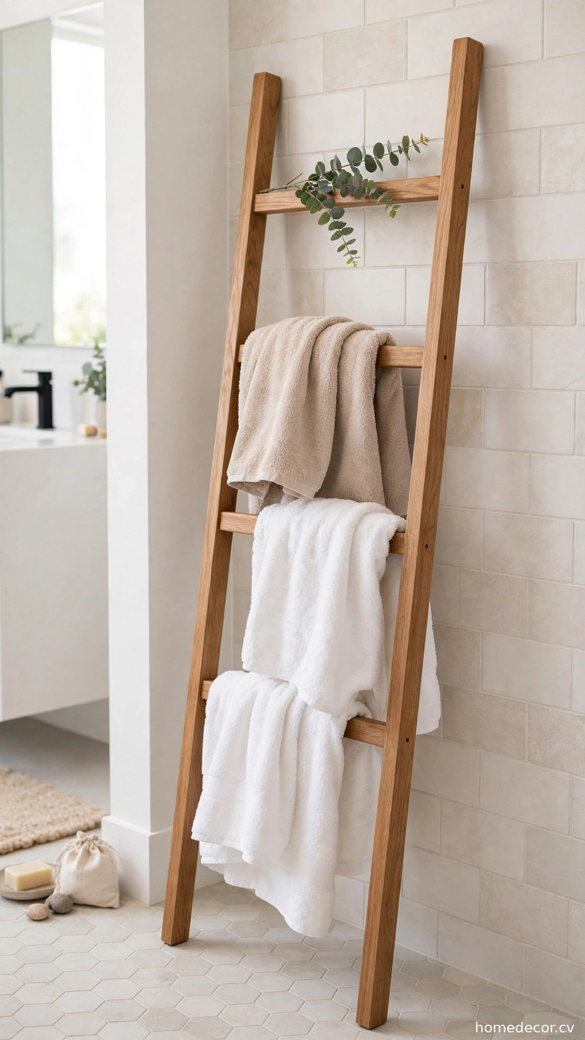 Freestanding Towel Ladder - renter friendly bathroom idea