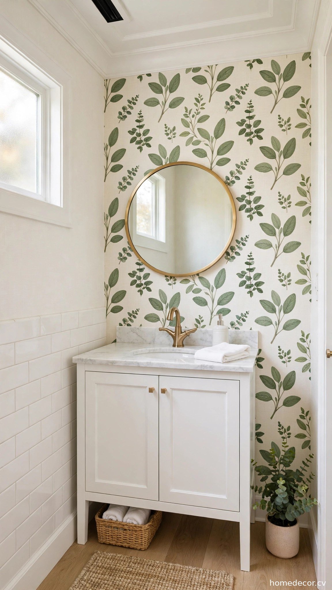 Removable Wallpaper Accent Wall - renter friendly bathroom idea